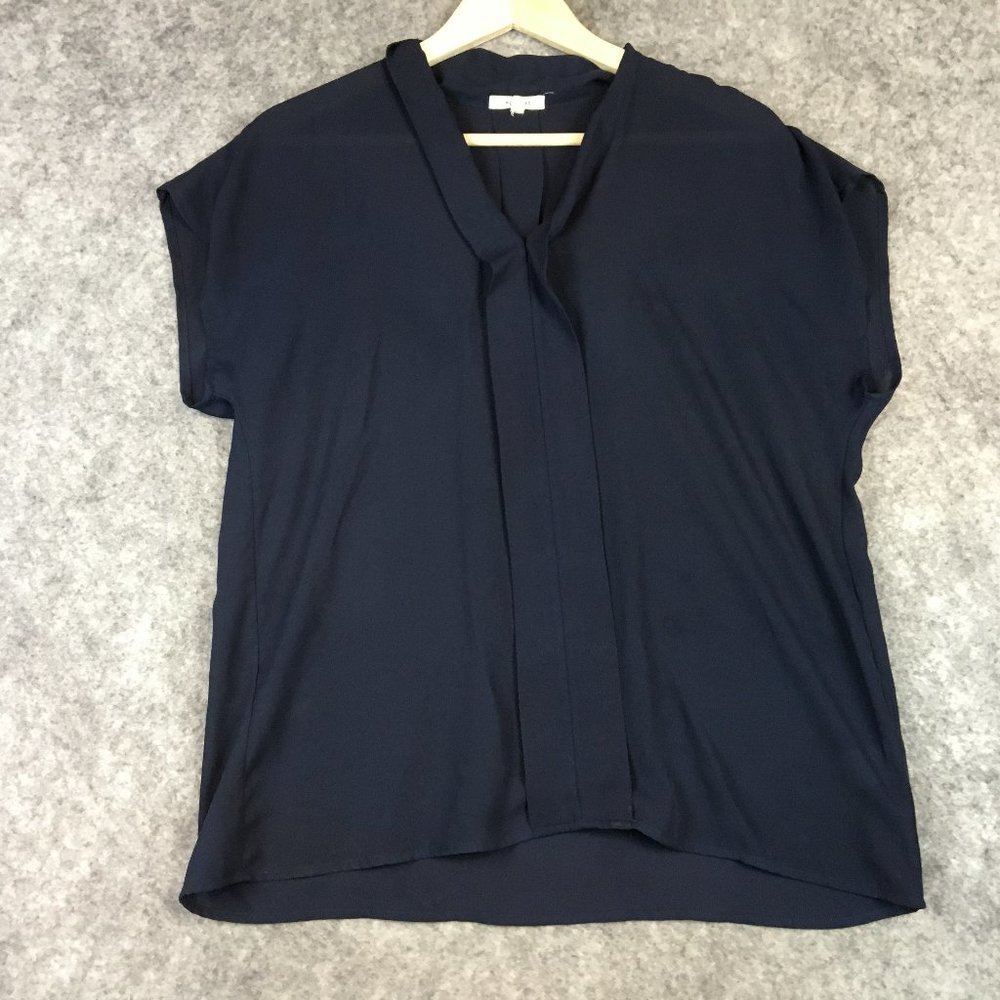 Pleione Blouse M Top Solid Navy Blue Crepe Pleat Detail Career V Neck Dolman Cap